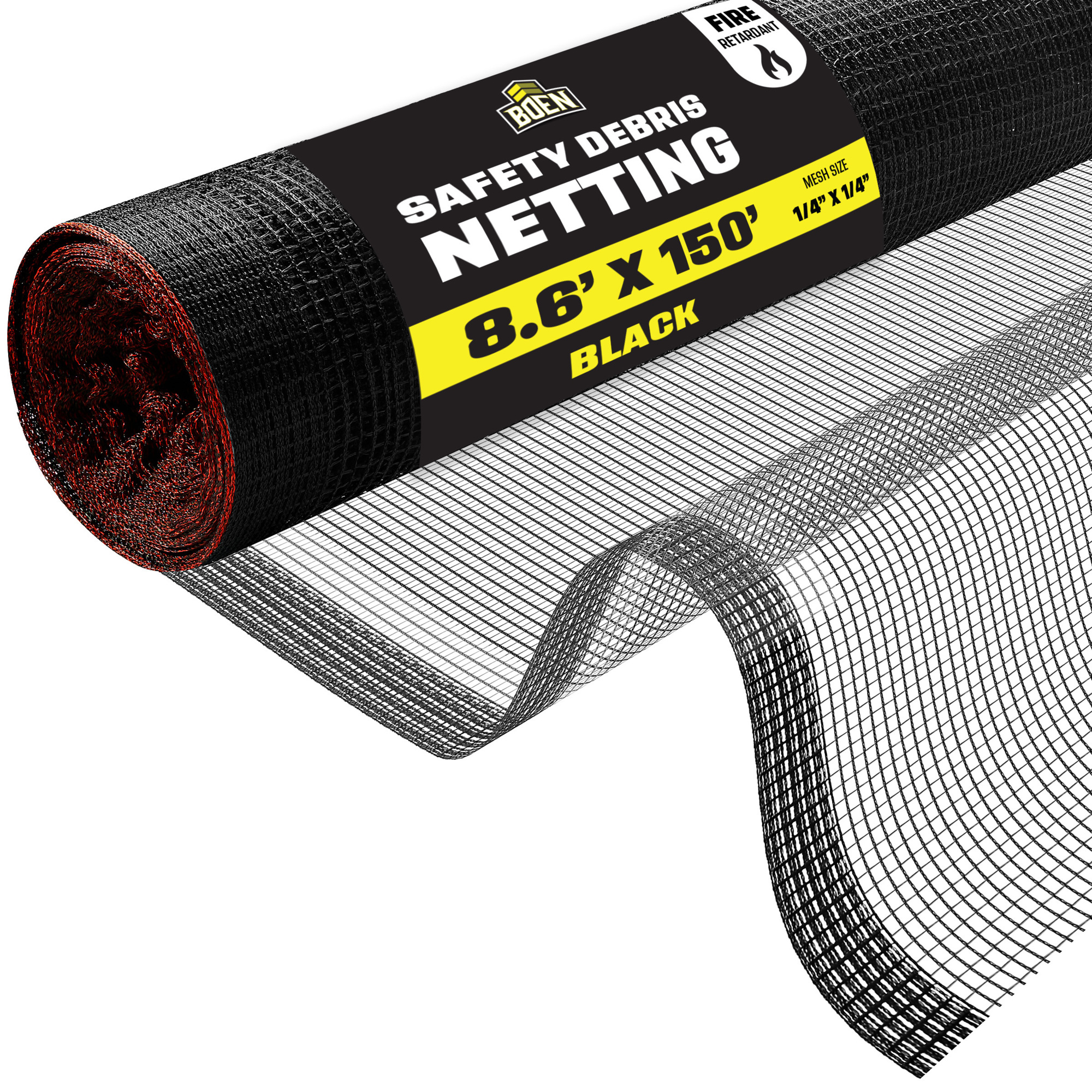 Boen Black Safety Debris Netting, 8.6 ft x 150 ft, 1/14" Mesh, Fire Retardant, UV Treated for Scaffolding, Dust Control, Construction Barrier Fencing, Wind Block, and Site Protection